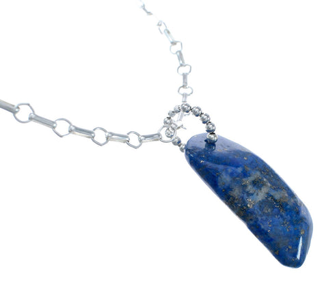 Native American Sterling Silver Lapis Link Chain Necklace Pendant Set AX128047